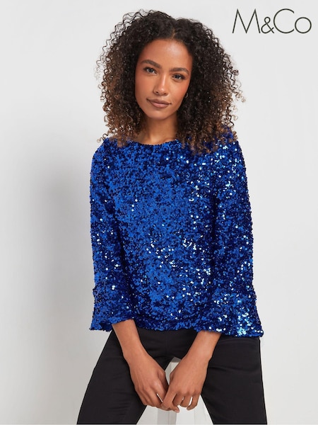 M&Co Blue Sequin Flute Sleeve Top (AU0814) | €27