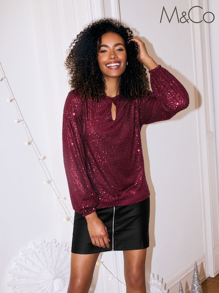M&Co Red Keyhole Sequin Long Sleeve Top (AU0818) | €37