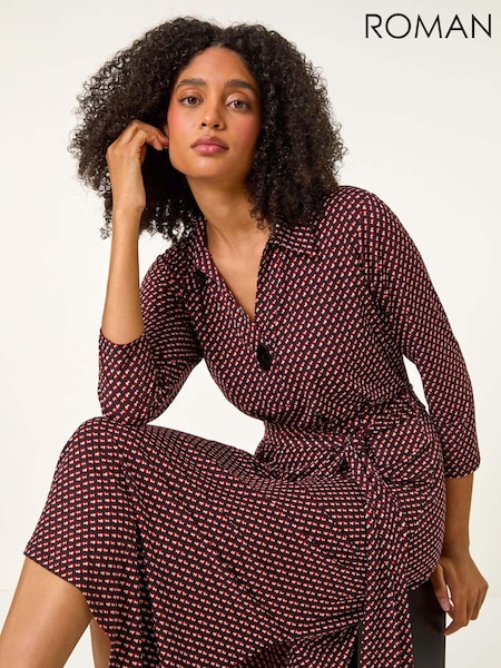 Roman Red Geometric Shirt Midi Dress (AU0841) | 278 QAR