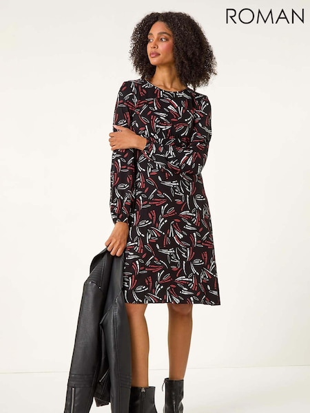 Roman Black Abstract Ruched Short Dress (AU0851) | €80
