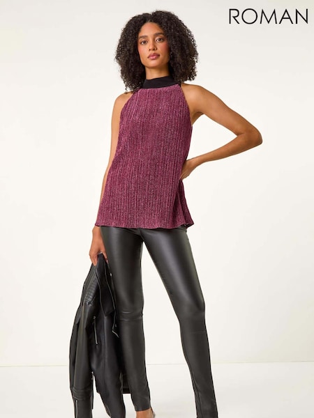 Roman Pink Glitter Plisse Halter Neck Top (AU0858) | €53