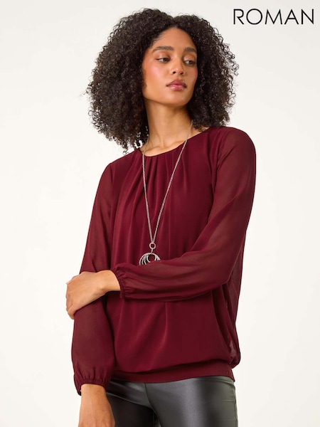 Roman Red Chiffon Banded Hem Pleated Top (AU0865) | AED291