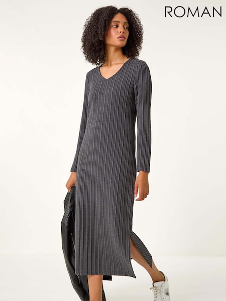 Roman Grey Wave Textured V-Neck Stretch Midi Dress (AU0866) | €53