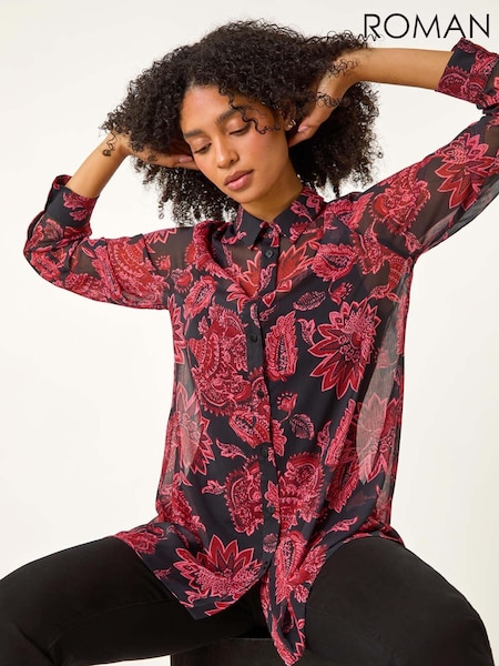 Roman Red Floral Longline Button Detail Shirt (AU0869) | €48