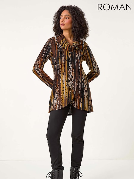 Roman Brown Animal Print Cowl Neck Tunic Top (AU0870) | €50