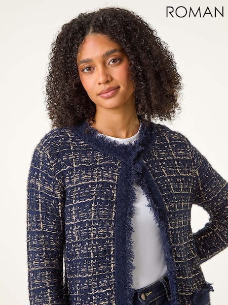 כחול  - Roman Textured Boucle Knit Cardigan (AU0871) | ‏264‏₪