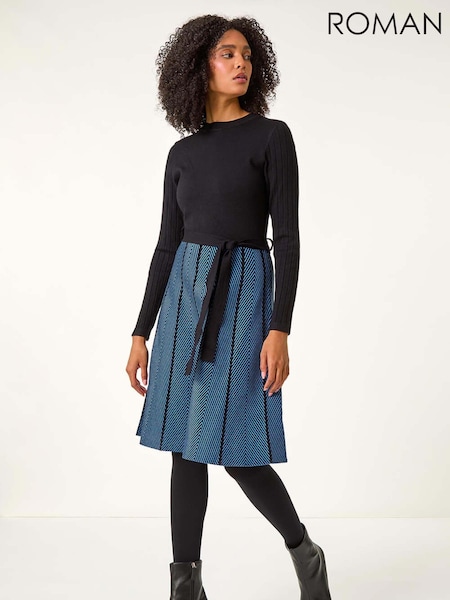 Roman Blue Chevron Print Belted Jumper Dress (AU0875) | €63