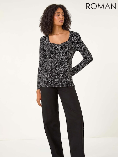 Roman Black Sweetheart Neck Polka Dot Top (AU0877) | €42