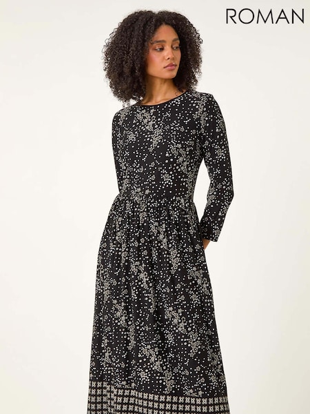 Roman Black Floral Border Midi Dress (AU0887) | €53