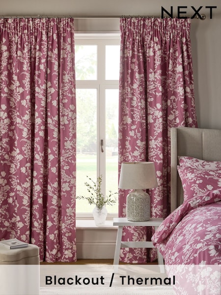 Pink Berry Floral Print Pencil Pleat Curtains (AU0905) | €63 - €139
