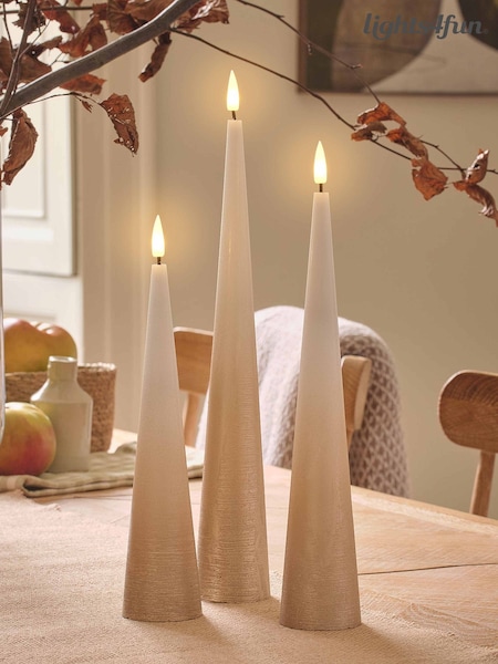 Lights4fun Set Of 3 Tall Slim Cone Candles In Bronze Ombre With Infrared Remote Control