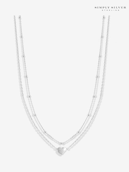 Simply Silver Silver Tone 925 Polished Double Row Station Heart Necklace (AU0988) | €77