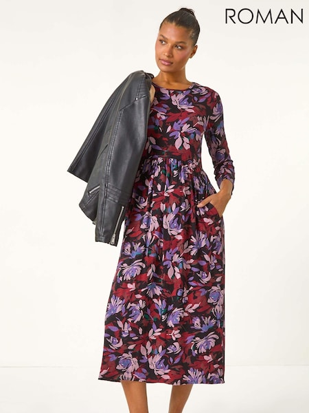 Roman Purple Floral Gathered Midi Dress (AU1040) | €59