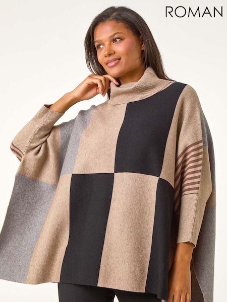 Roman Brown Check Colour Block Knit Poncho (AU1053) | €53