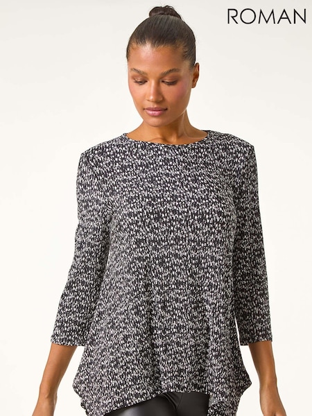 Roman Grey Printed Plisse Hanky Hem Tunic Stretch Top (AU1061) | €40