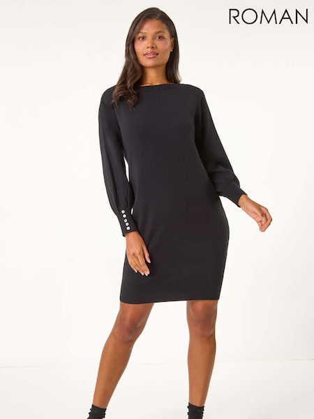 Roman Black Button Detail Slash Neck Knitted Stretch Jumper Dress (AU1063) | €64