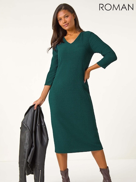 Roman Green Textured V-Neck Stretch A-Line Dress (AU1071) | €53