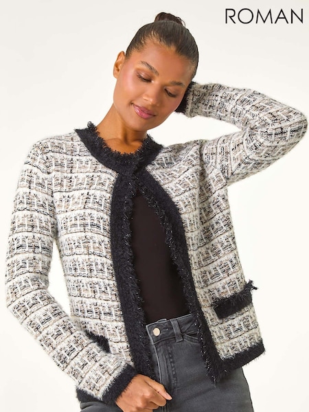 לבן - Roman Textured Boucle Knit Cardigan (AU1072) | ‏264‏₪