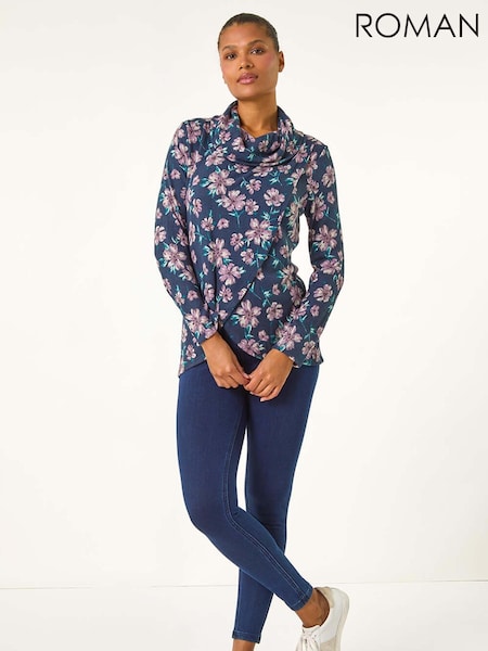 Roman Blue Cowl Neck Floral Snit Top (AU1079) | 2,103 UAH