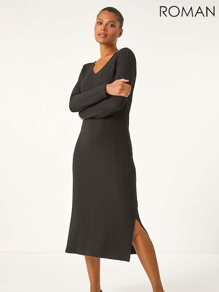 Roman Black Wave Textured V-Neck Stretch Midi Dress (AU1082) | €53