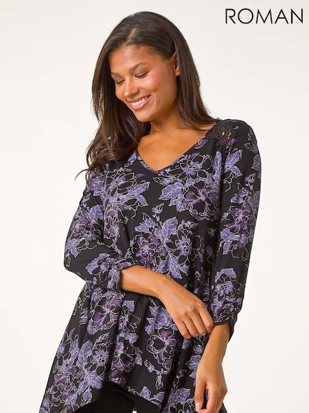 Roman Purple Crochet Trim Floral Print Top (AU1087) | €44