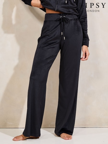 Black Embroidered Velour Relaxed Wide Leg Joggers (AU1232) | R$ 275