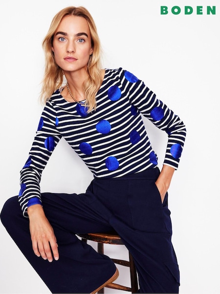 Boden Blue Ella Long Sleeve 100% Cotton Breton T-Shirt (AU1279) | €21.50