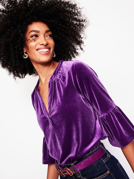 Boden Notch Neck Frilled Velvet Top (AU1352) | 233 LEI