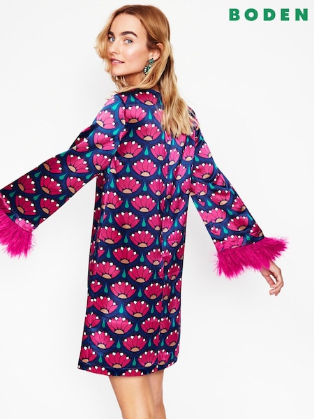 Boden Pink Faux Fur Feather Trim Short Dress (AU1428) | 383 QAR