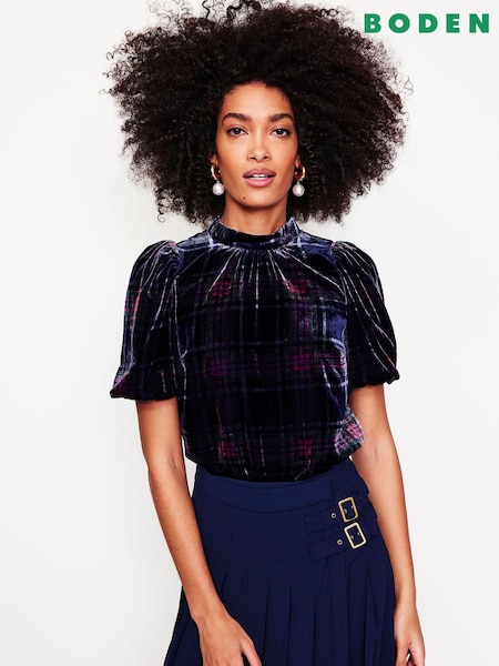 Boden Blue Puff Sleeve Velvet 100% Cotton Top (AU1528) | $71