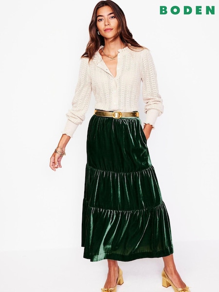 Boden Green Viv Velvet Tiered Maxi Skirt (AU1529) | 297 QAR