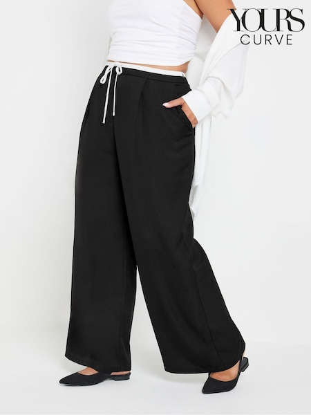 Negru - Yours Curve Pantaloni lați cu șnur cu contrast cu talie (AU1547) | 231 LEI