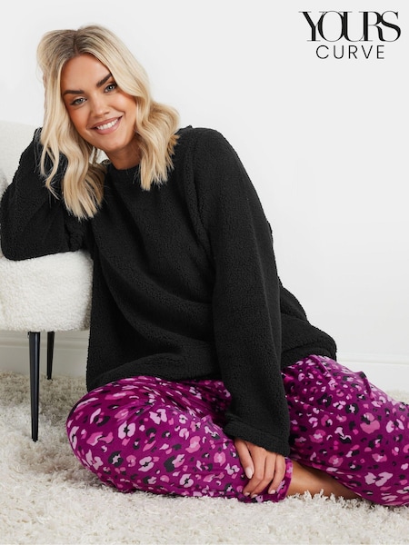 Yours Curve Black Leopard Print Borg Lounge Set (AU1553) | AED192