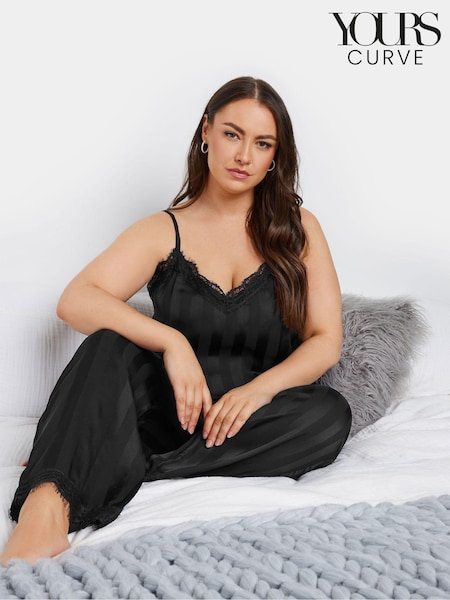 Yours Curve Black Lace Stripe Satin Cami Set (AU1564) | €36