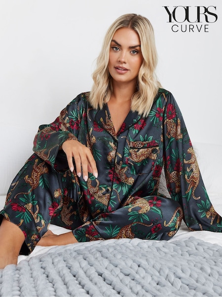 Yours Curve Blue Leopard Convo Satin Pyjamas Set (AU1574) | AED192