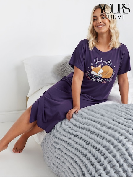 Yours Curve Purple Good Night 100% Cotton Fox Midaxi Nightdress (AU1588) | €28