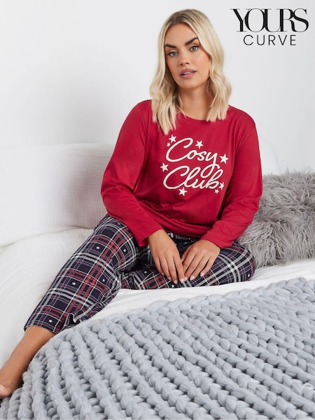 Yours Curve Red 100% Cotton Cosy Club Long Sleeve Wide Leg Pyjamas Set (AU1598) | €40