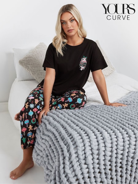 Yours Curve Black 100% Cotton Holly Jolly Short Sleeve Wide Leg Pyjamas Set (AU1599) | €44