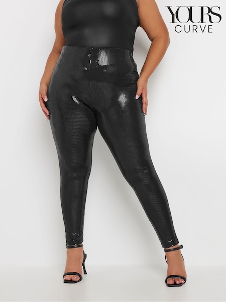 Yours Curve Black Disco Sequin Leggings (AU1610) | AED78