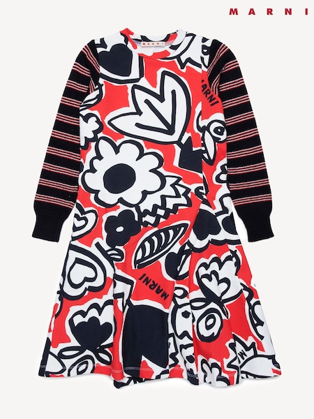 Marni Red Abstract Floral Print Long Sleeve Dress (AU1690) | ‏1,310 د.إ.‏