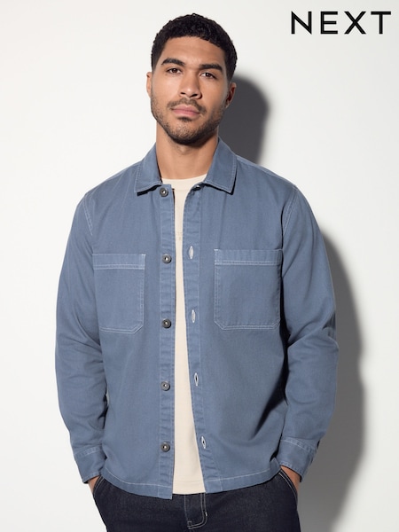 Синий - 100% Cotton Contrast Stitch Shacket Jacket (AU1819) | €48