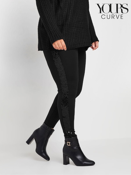 Yours Curve Black Ponte Sequin Stripe Leggings (AU1903) | AED78