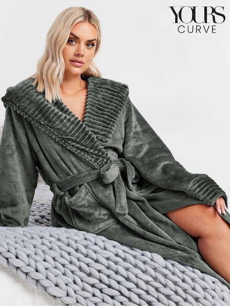 Yours Curve Grey Ribbed Trim Hooded Robe (AU1925) | €52