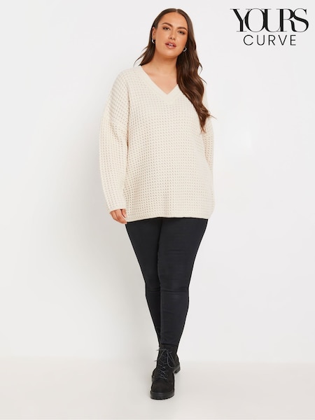 Yours Curve Cream Waffle V-Neck Jumper (AU1930) | $51