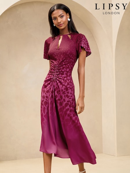 Lipsy Pink Short Sleeve Keyhole Ruched Fit And Flare Midi Dress (AU1945) | 376 QAR