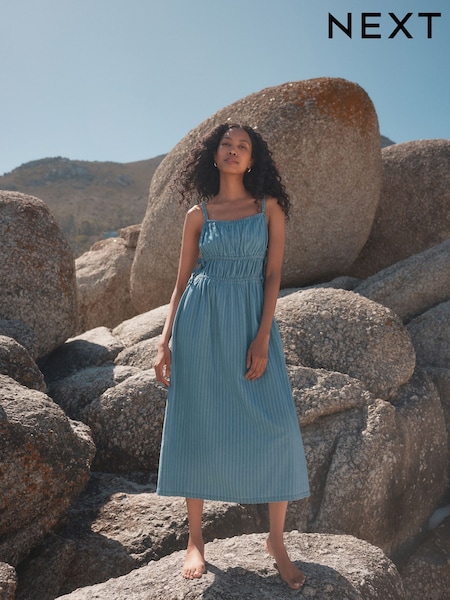 Mid Blue 100% Cotton Striped Denim Strappy Midi Dress (AU1997) | 1,343 UAH