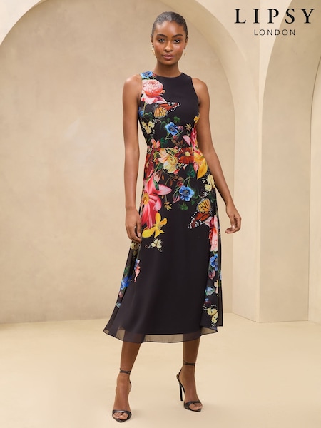 Lipsy Black Floral Printed Chiffon Fit And Flare Midi Dress (AU2028) | $137