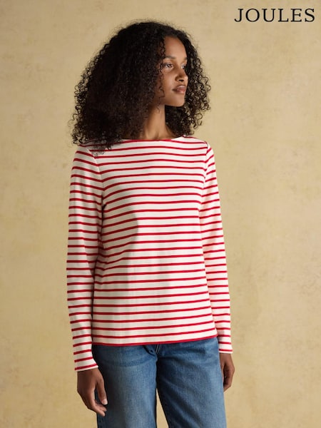 Creme/Vermelho - Joules Harbour Boat Neck Breton Top (AU2040) | R$ 285