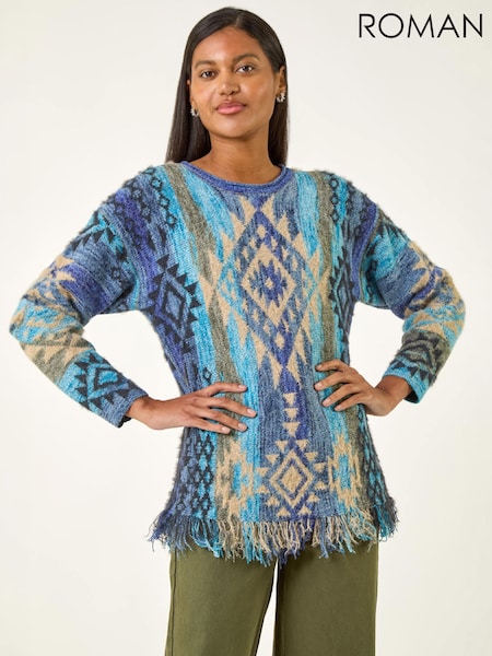 Blue - Roman Jacquard Tassel Trim Knit Jumper