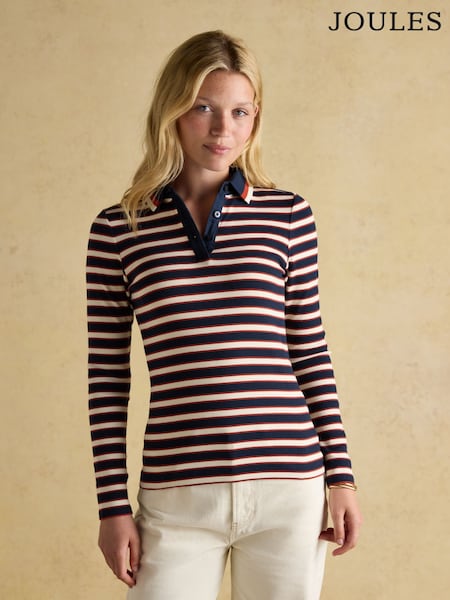 Marinho/Vermelho - Joules Fairfield Ribbed Long Sleeve Striped Polo Shirt (AU2058) | R$ 395